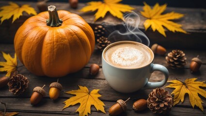 Aufkleber - Top-down view of a coffee mug and pumpkin chai latte with fall leaves on a table, flat lay arrangement with empty space
