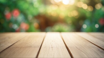 Poster - Vacant wood tabletop against a blurred abstract garden backdrop seen through the window.