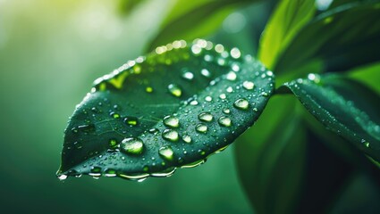 Poster - Large dewdrops on leaves during morning in natural setting, with sunlight reflections, focusing on clarity and green hues.