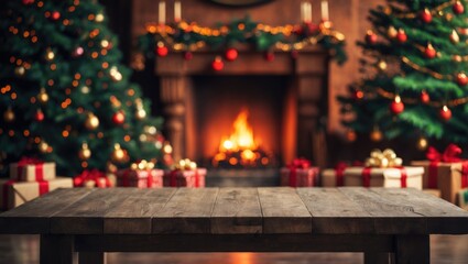Aufkleber - Unoccupied wooden surface set against a hazy background with a tree, gifts, and a fireplace; free area for your decorative touches