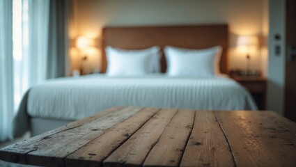 Aufkleber - Clean and decorated bedroom with a blurred background, featuring an old wooden table in front, perfect for relaxation