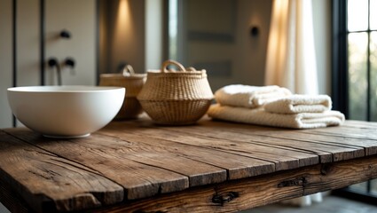 Aufkleber - Unoccupied wooden table against a blurred fashionable interior backdrop
