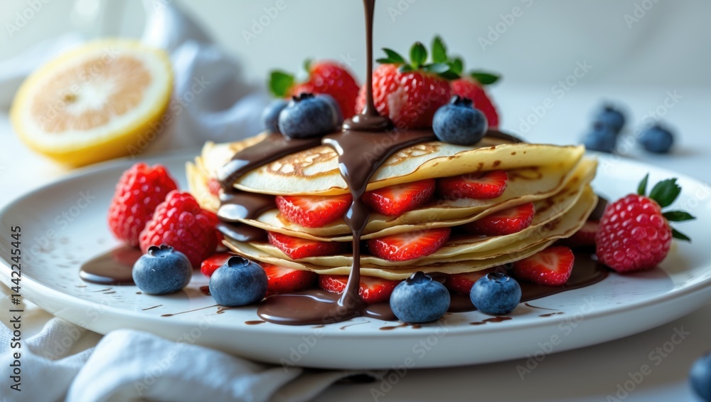 Pancakes Raspberry Blueberries Mint Pancakes presented with a mix of raspberries, blueberries, and ...
