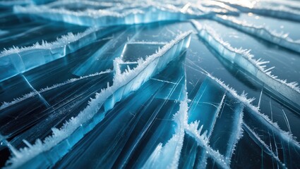 Leinwandbilder - Natural ice surface of a frozen lake during a cold day. Blue ice with white crack designs. Winter nature background, mockup, blank space, flat lay, close-up