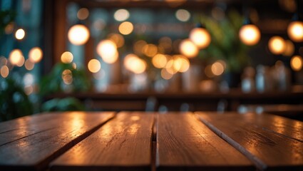 Poster - Bokeh lights creating a blur behind an empty wooden tabletop