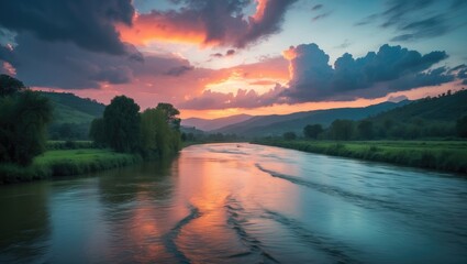 Poster - At sunset, the Cheremosh river flows gently through lush greenery, with soft clouds mirroring the warm colors of the setting sun in a serene landscape