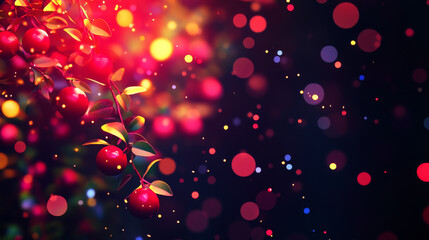 Wall Mural - and colorful background featuring red berries and glowing bokeh lights, creating festive and cheerfu