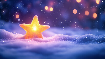 Wall Mural - glowing yellow star shines brightly in snow, creating magical atmosphere on christmas night. soft sn