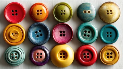 a set of colorful buttons on a white isolated background, playful and vintage design