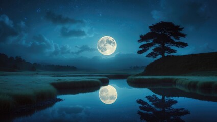 Wall Mural - moonlit panorama of tarn at night