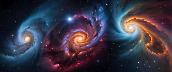 Wall Mural - colorful cosmic nebulae swirling with sparkling star clusters set against vibrant black galactic bac