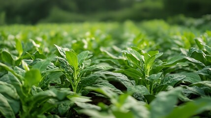 Naklejka na meble Lush Green Tobacco Plantation: A Vibrant Field of Young Tobacco Plants