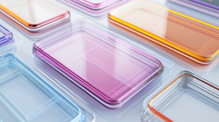 Transparent smartphone mockup with colorful wireframe overlay showing futuristic design of minimalist tech product on pure white background. High tech digital device concept