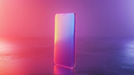 Transparent smartphone mockup with colorful wireframe overlay showing futuristic design of minimalist tech product on pure white background. High tech digital device concept