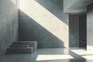 Fototapete - Light and shadow play across concrete stairs and walls in this minimalist architectural space, highlighting texture and form.