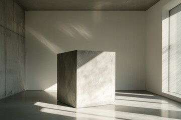 Fototapete - Solitary Concrete Block: stark geometry in a minimal space, light and shadow interplay, industrial aesthetic, modern art installation.
