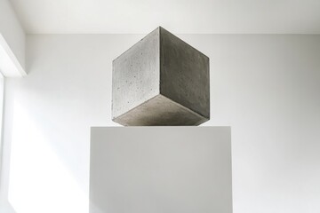 Aufkleber - Geometric Still Life: A textured concrete cube atop a pristine white pedestal. Modern minimalism meets stark simplicity in this indoor composition.