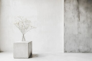 Aufkleber - A minimalist aesthetic arrangement with delicate white flowers in a clear vase, set on a concrete cube against a textured wall.