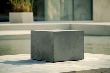 Fototapete - Concrete cube with a textured surface sits outside, bathed in sunlight, near water features, set against a minimalist backdrop.