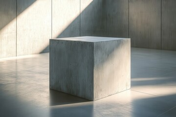 Aufkleber - Minimalist concrete cube bathed in light, set against a textured concrete wall creating a simple yet captivating architectural composition.