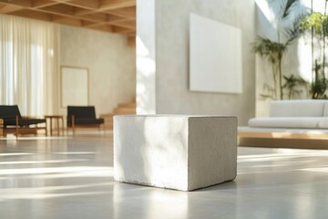 Fototapete - Minimalist concrete cube in a modern interior with bright sunlight, neutral tones, and plants, creating a serene and inviting atmosphere.