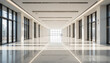 © Ventura - The image shows a long hallway with white marble floors and large windows on either side. The hallway is illuminated by lights attached to the ceiling