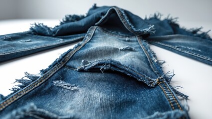 shredded blue-grey denim jeans featuring a frayed flap patch on a plain white background