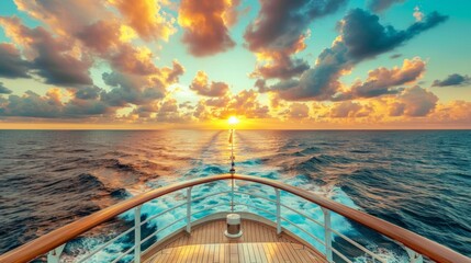 Wall Mural - Sunset over the ocean overlooking the deck of a ship, perfect for travel websites, cruise ads, romantic articles and design backgrounds.
