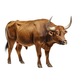 Wall Mural - Side view of a muscular brown bull with large curved horns, standing and looking forward, cut out, isolated on a transparent background, no shadow