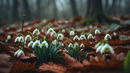 Wall Mural - gentle snowdrops rising amidst leaves in a calm atmosphere