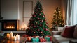 © AIArtistry - Cozy holiday living room with fireplace, Christmas tree, and burning candles on the coffee table
