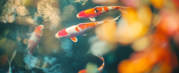 Wall Mural - vibrant koi fish swimming in a serene pond, showcasing their red, white, and orange scales.