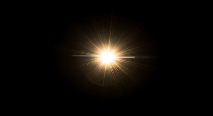 Wall Mural - bright lens flare with radiant light beam isolated on black background. abstract golden light effect