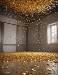 Wall Mural - Scattered colorful gold confetti illuminated, bright light indoors, festive mood ,  vibrant,  occasion