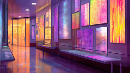 Wall Mural - a modern hallway featuring vibrant digital art displays in various colors, reflecting on polished fl