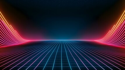 Wall Mural - the image contains a retro-futuristic scene with a gridded ground plane and neon glowing lines curvi