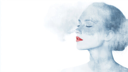 Poster - Dreamy watercolor portrait of serene woman with red lips and closed eyes, blending into misty background