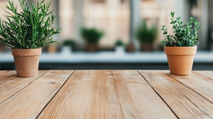 Poster - Aromatic herbs enhancing rustic wooden table in a modern kitchen