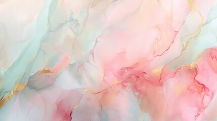 Fototapete - Soft flowing pastel abstract background with marble texture, subtle gold veins, smooth color transitions in pink, peach, and mint tones. Minimalist, luxurious, dreamy, high resolution.