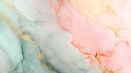 Fototapete - Soft flowing pastel abstract background with marble texture, subtle gold veins, smooth color transitions in pink, peach, and mint tones. Minimalist, luxurious, dreamy, high resolution.