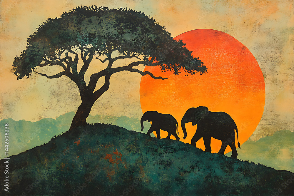 silhouettes of five African elephants and tree at sunset near bush camp ...