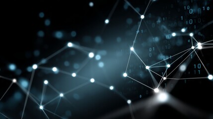 Fototapete - Neon-blue data streams connect glowing digital nodes, forming a dynamic visual with scrolling binary code, ideal for tech-themed designs