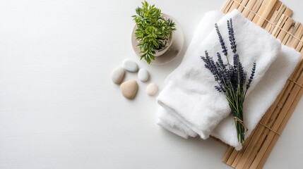 Fototapete - Tranquil spa setup includes neatly folded white towels, smooth pebbles, and delicate lavender sprigs on a bamboo mat, creating a calming atmosphere