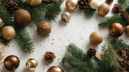 Poster - Colorful ornaments and pine branches create a charming holiday atmosphere, offering a soft gradient backdrop with open space for text or design elements