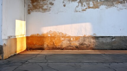 Poster - A low-angle perspective captures a textured stucco wall with patches of peeling paint. Morning sunlight creates long shadows, enhancing the surface details