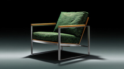 Modern green lounge chair with a sleek aluminum frame and wooden armrests.