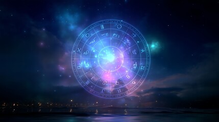Wall Mural - Cosmic astrology symbol against a starry night sky reflecting on calm waters near a city shoreline