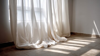Aufkleber - Soft white curtains gently drape near a window, with subtle gradients of light creating tranquil shadows on a smooth stone floor