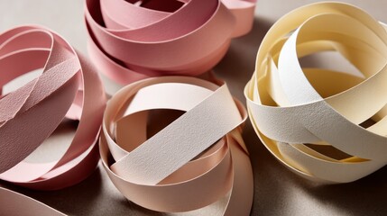 Leinwandbilder - Slightly angled macro close-up reveals intricate pastel-toned geometric forms, showcasing smooth interweaving and gentle color transitions alongside soft shadows