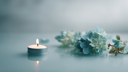 Aufkleber - Pale blue hydrangea petals rest alongside a floating tealight candle on a peaceful water surface, creating a serene and romantic atmosphere